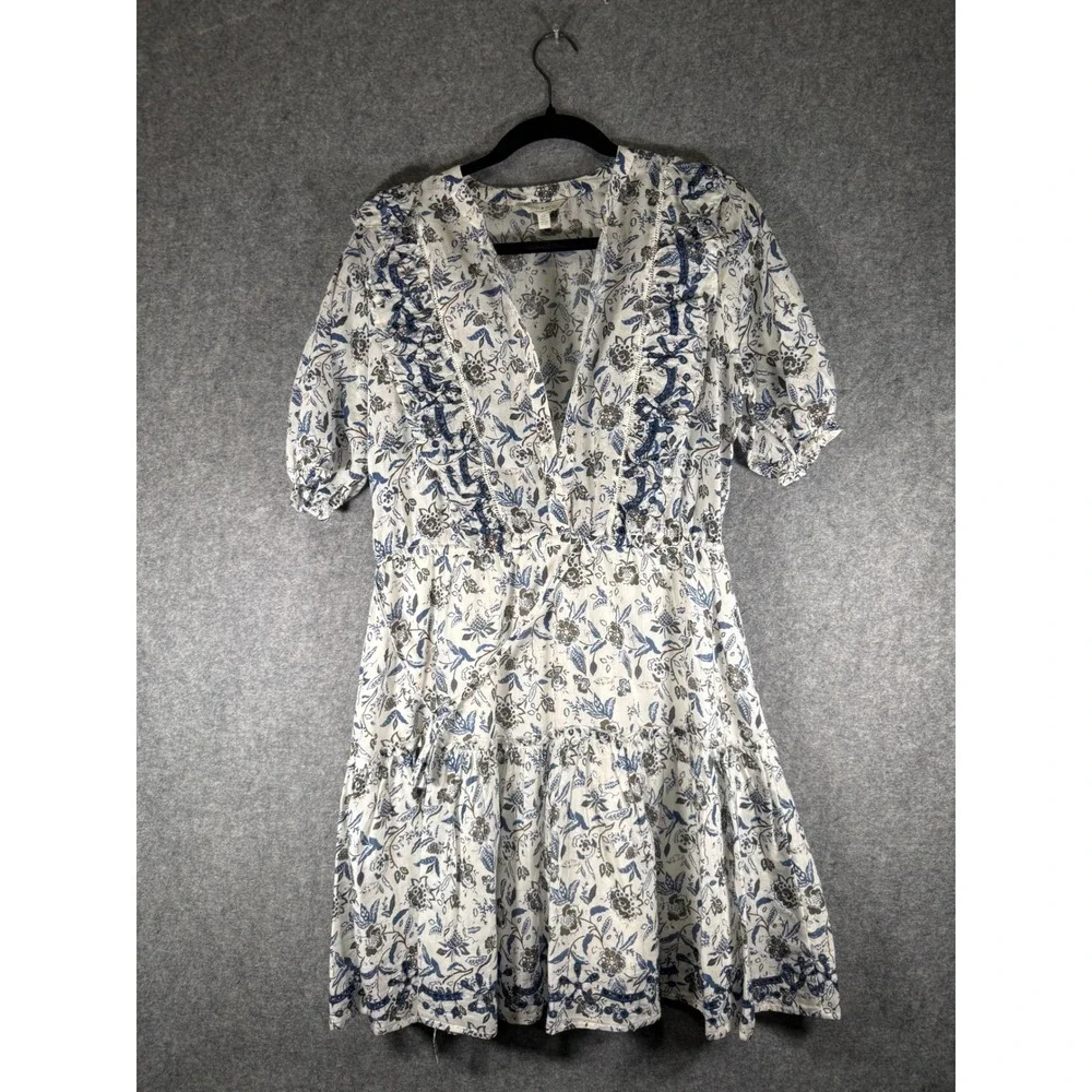 Lucky Brand Blue White Floral Ruffle Tiered Mini Dress Small V-Neck Puff Sleeve - Picture 2 of 8